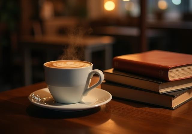 Uma xícara de café ao lado de pilhas de livros, evocando uma atmosfera aconchegante.