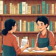 Um livreiro recomendando um livro a um cliente