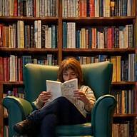 Pessoa lendo confortavelmente em uma livraria